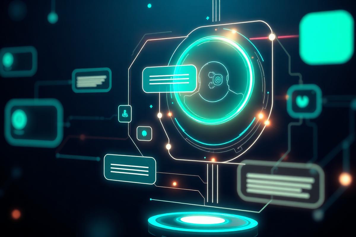 Futuristisk AI-agent med holografiskt chattgränssnitt och mintgröna ljuseffekter