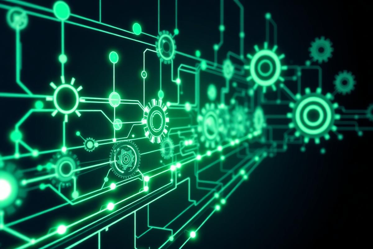 Futuristiska kugghjul och dataflöden som representerar AI-automatisering